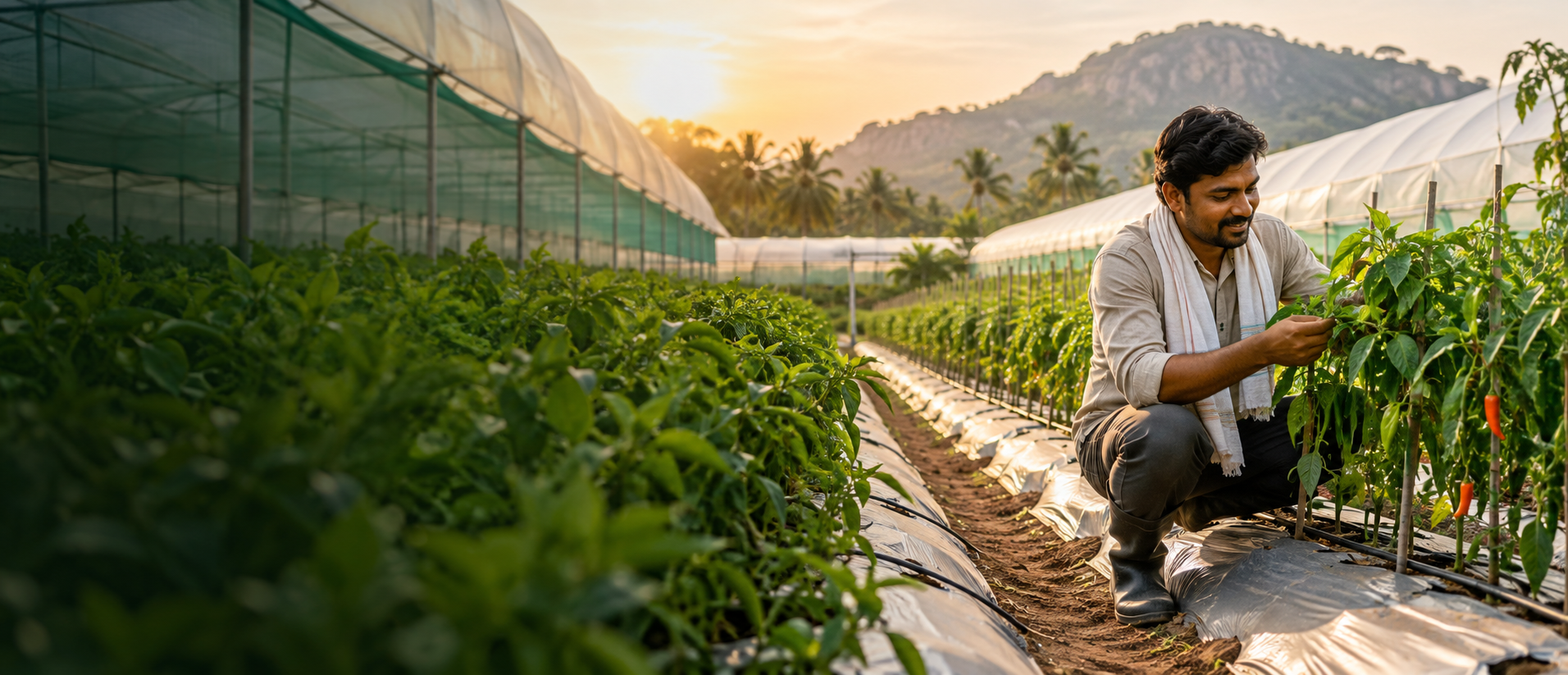 Modern protected farming with greenhouse, mulch film and drip irrigation